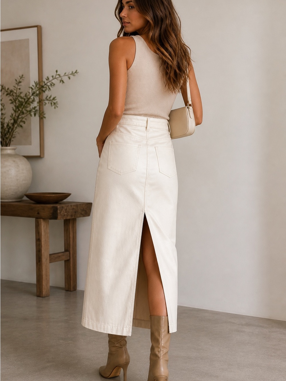 We The Free Cream High-Rise Midi Skirt with Back Slit size 12